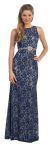 Sleeveless Jewel Waist Fitted Lace Long Formal Evening Dress in Navy